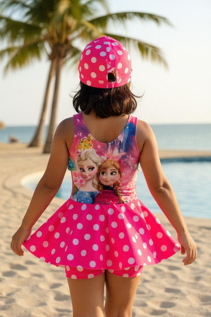 Frozen Themed Girls Frock Style Swimwear with Cap | Cute Printed Swim Dress for Kids