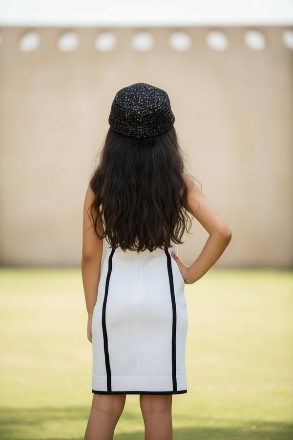 Girls White & Black Knitted Bodycon Dress | Premium Stretch Party Wear