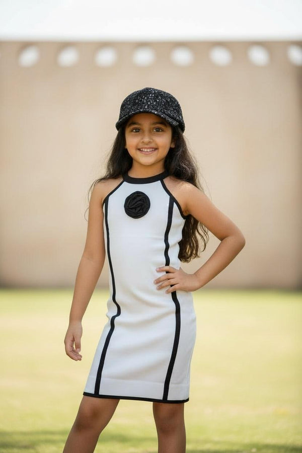 Girls White & Black Knitted Bodycon Dress | Premium Stretch Party Wear