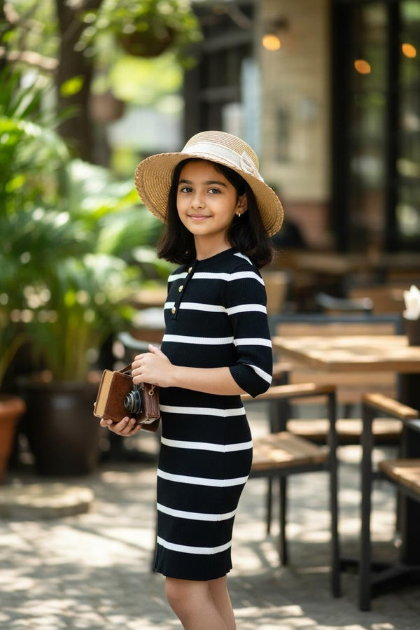 Girls Black & White Knitted Bodycon Dress | Premium Stretch Party Wear