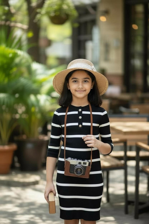 Girls Black & White Knitted Bodycon Dress | Premium Stretch Party Wear