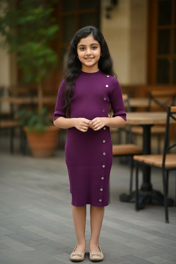 Plum Purple Ribbed Knitted Dress | Girls Premium Button Detail Party & Casual Wear