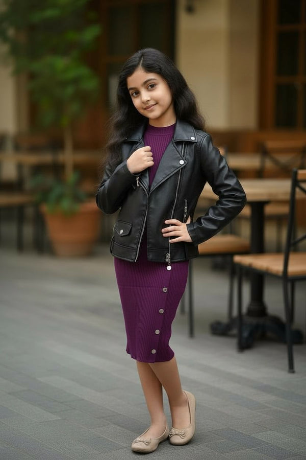 Plum Purple Ribbed Knitted Dress | Girls Premium Button Detail Party & Casual Wear