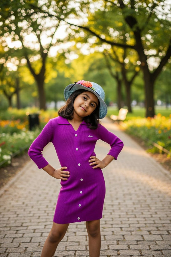Plum Purple Ribbed Knitted Dress | Premium Button Detail Girls Party & Casual Wear