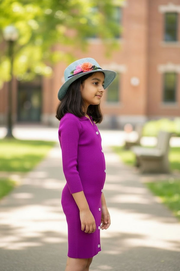 Plum Purple Ribbed Knitted Dress | Premium Button Detail Girls Party & Casual Wear
