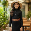Black Ribbed Knitted Dress | Premium Button Detail Girls Party & Casual Wear