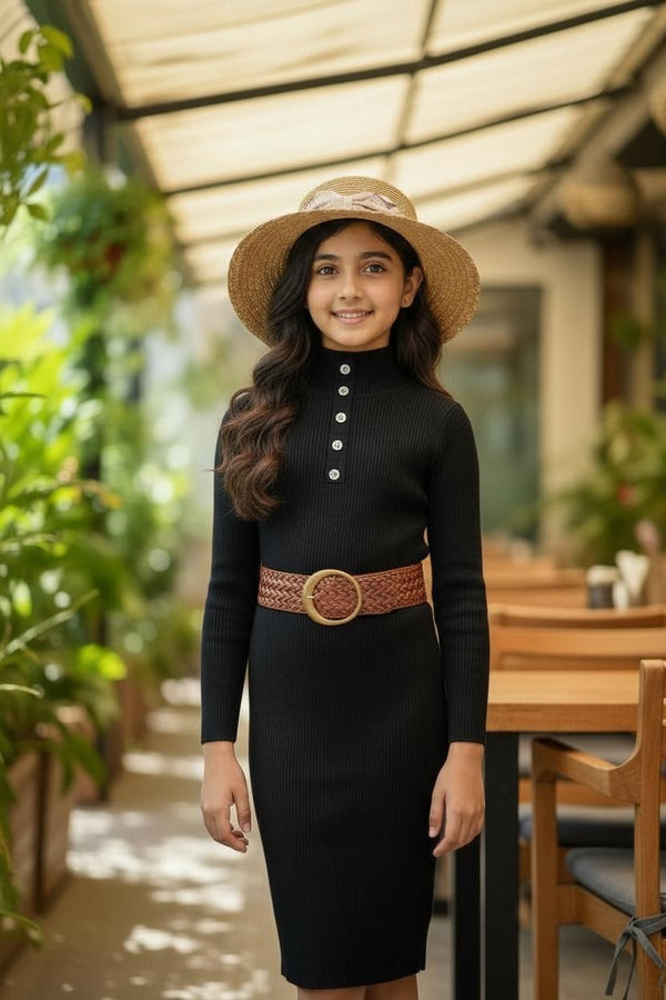 Black Ribbed Knitted Dress | Premium Button Detail Girls Party & Casual Wear