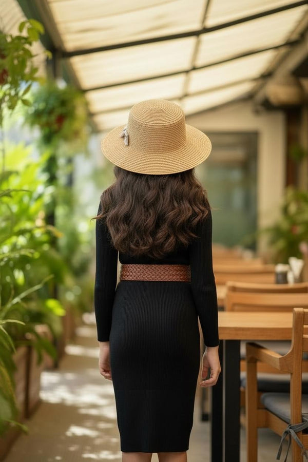 Black Ribbed Knitted Dress | Premium Button Detail Girls Party & Casual Wear