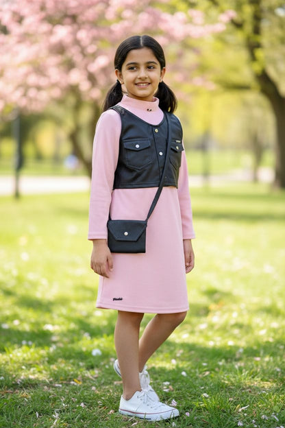 Peach Winter Dress with Black Vest and Sling Bag