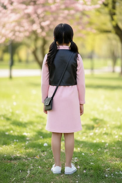 Peach Winter Dress with Black Vest and Sling Bag