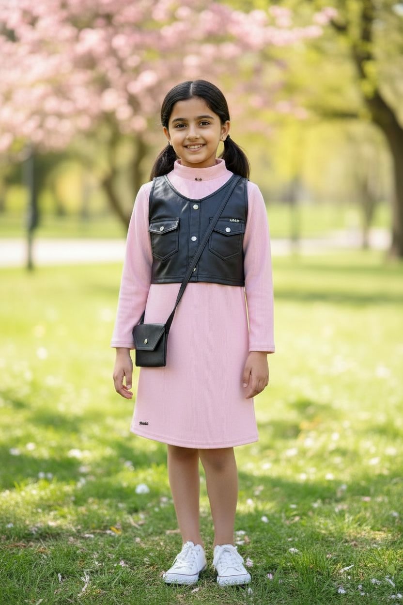Peach Winter Dress with Black Vest and Sling Bag