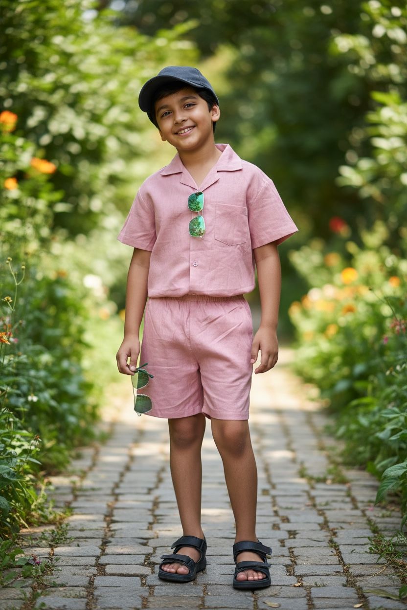 Peach Cotton Shirt & Shorts Co-Ord Set – Boys Summer Casual Wear