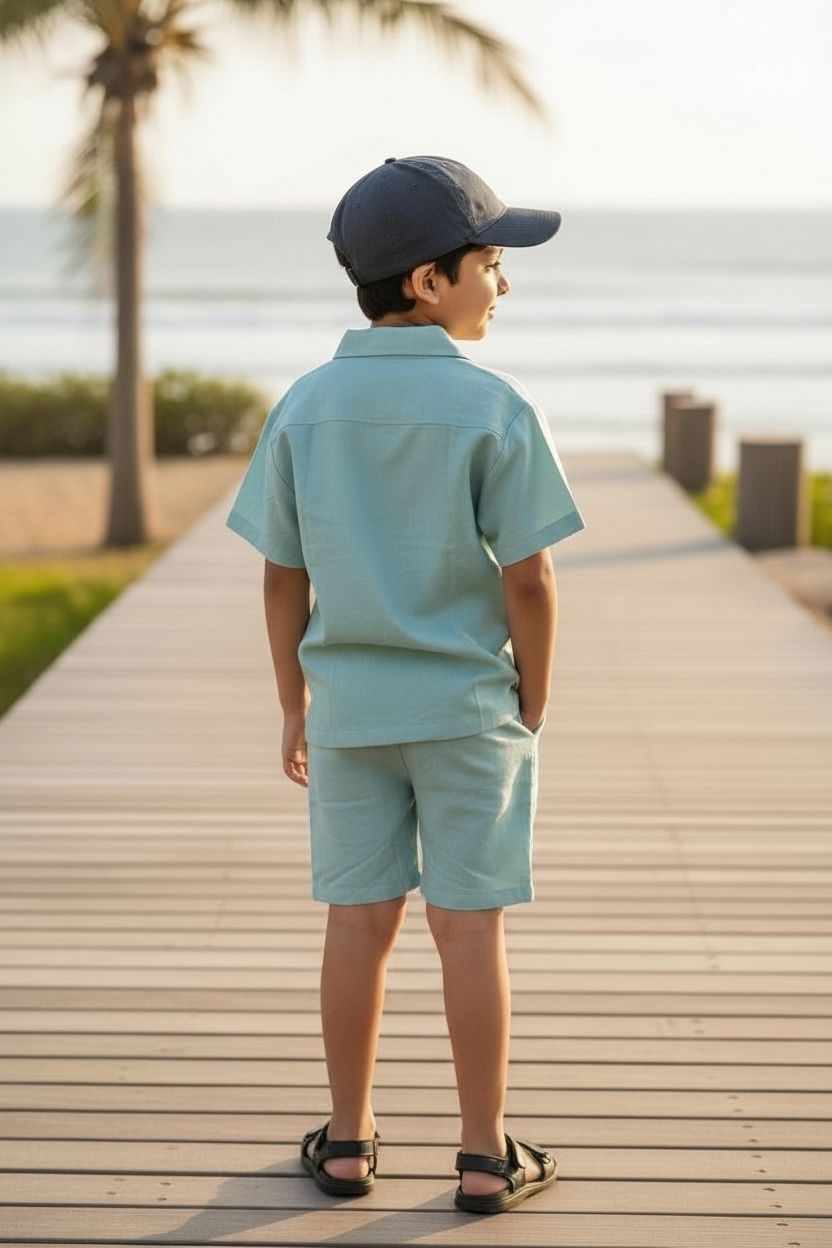 Green Cotton Shirt & Shorts Co-Ord Set – Boys Summer Casual Wear