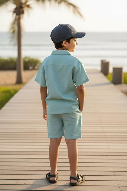 Green Cotton Shirt & Shorts Co-Ord Set – Boys Summer Casual Wear