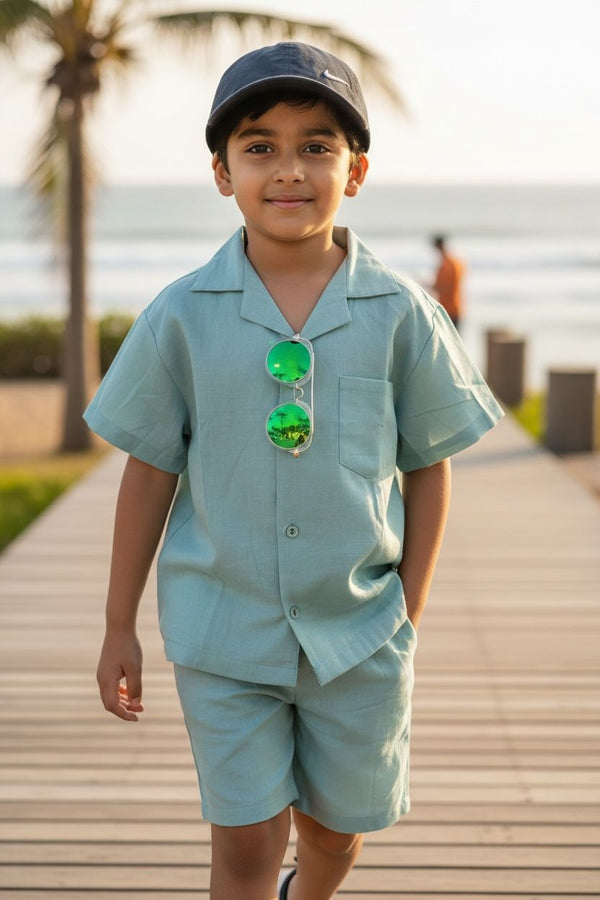 Green Cotton Shirt & Shorts Co-Ord Set – Boys Summer Casual Wear