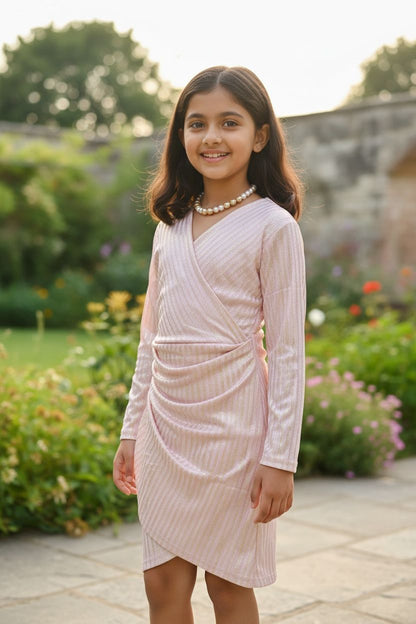 Pastel Peach Wrap Style Party Dress – Soft Shimmer Elegant Wear