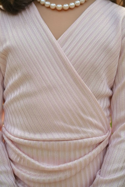 Pastel Peach Wrap Style Party Dress – Soft Shimmer Elegant Wear