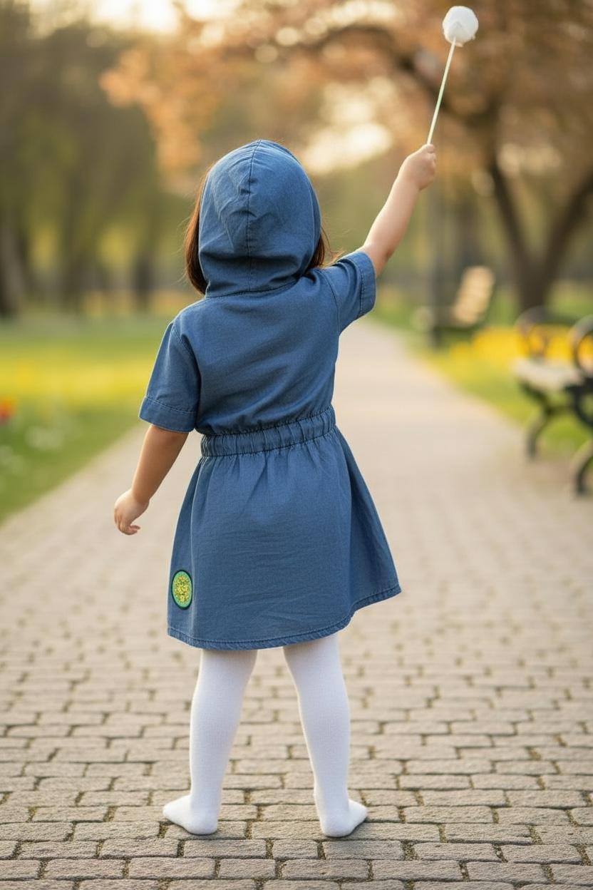 Denim hoodie shirt dress with drawstring waist and cute patches l Soft Denim Casual Dress for Girls