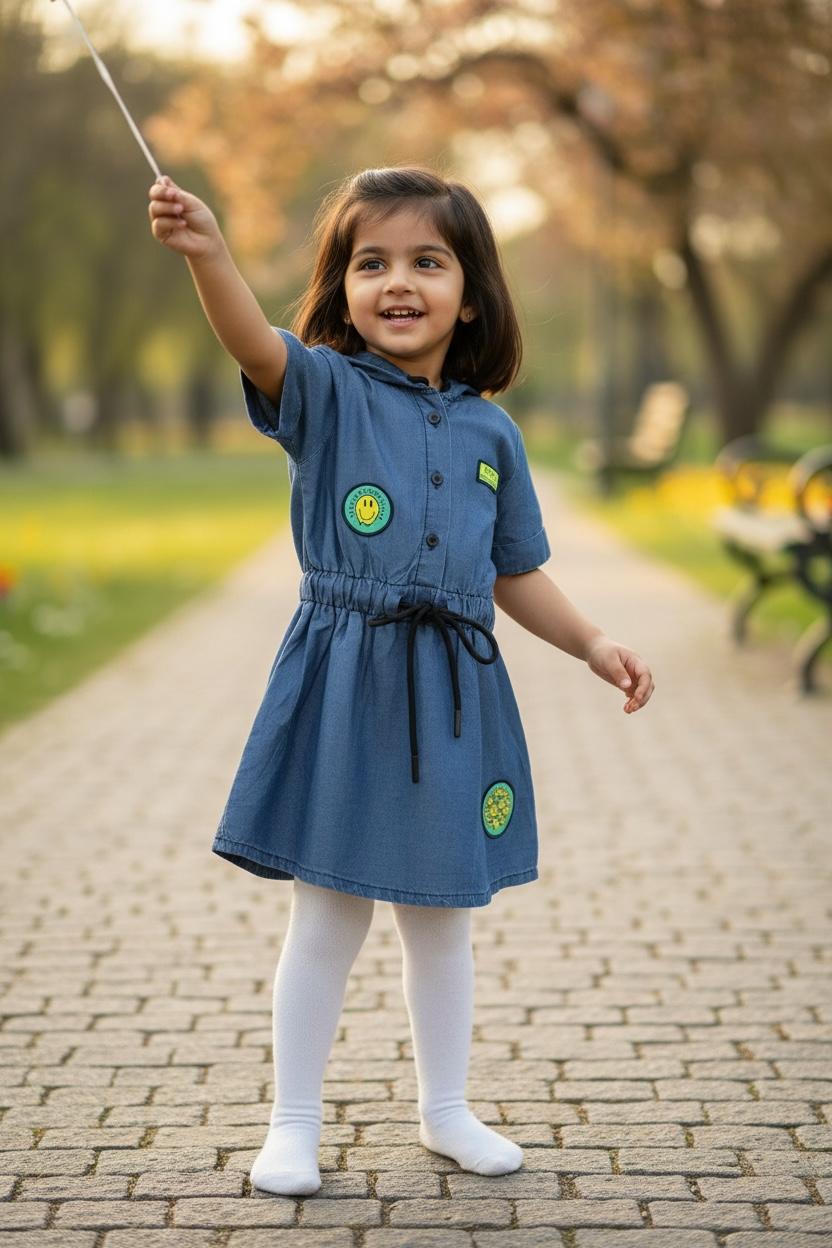 Denim hoodie shirt dress with drawstring waist and cute patches l Soft Denim Casual Dress for Girls