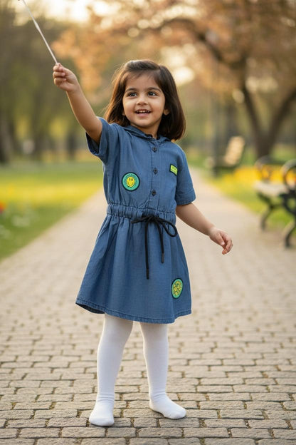 Denim hoodie shirt dress with drawstring waist and cute patches l Soft Denim Casual Dress for Girls