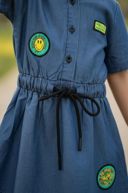 Denim hoodie shirt dress with drawstring waist and cute patches l Soft Denim Casual Dress for Girls
