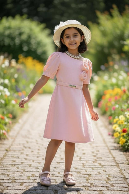 Peach One Piece Party Dress with Puff Sleeves | Elegant Premium Occasion Wear for Girls