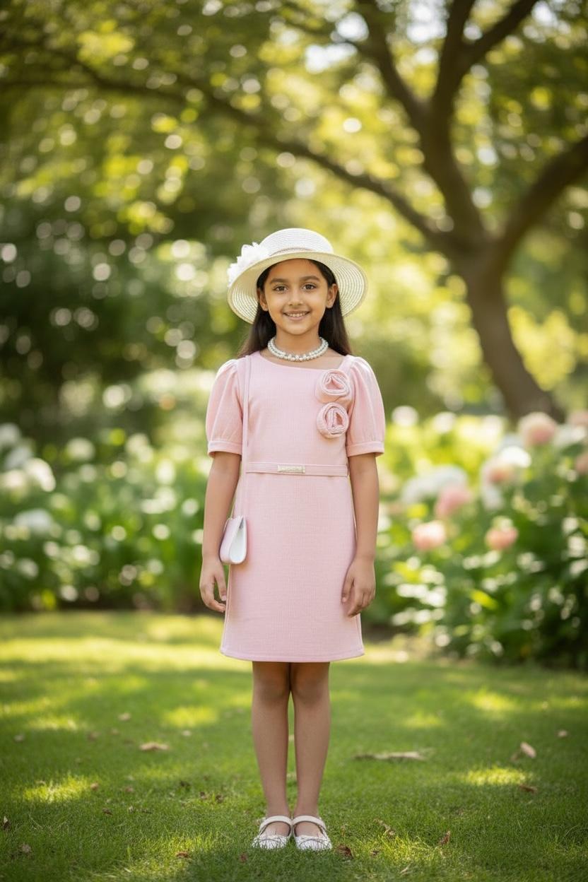 Peach One Piece Party Dress with Puff Sleeves | Elegant Premium Occasion Wear for Girls