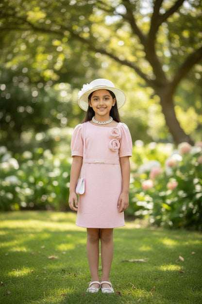 Peach One Piece Party Dress with Puff Sleeves | Elegant Premium Occasion Wear for Girls