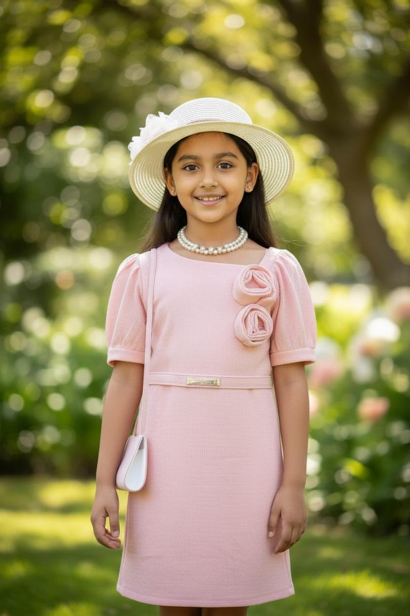Peach One Piece Party Dress with Puff Sleeves | Elegant Premium Occasion Wear for Girls