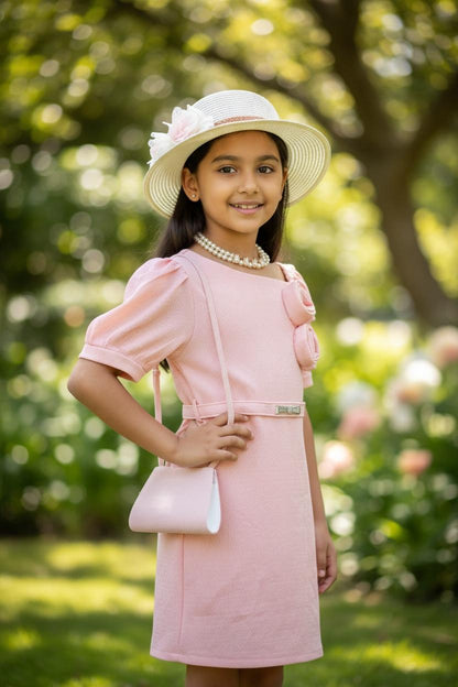 Peach One Piece Party Dress with Puff Sleeves | Elegant Premium Occasion Wear for Girls