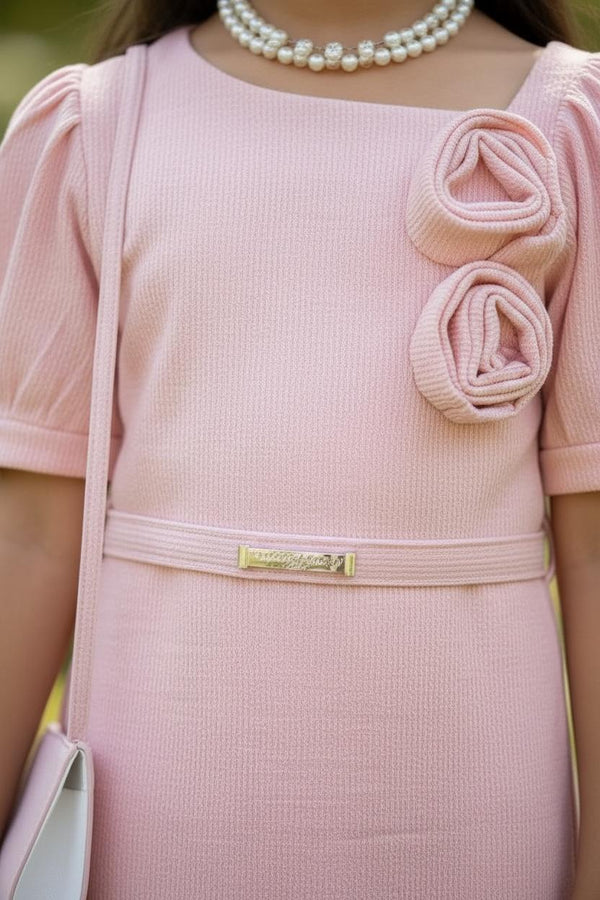 Peach One Piece Party Dress with Puff Sleeves | Elegant Premium Occasion Wear for Girls