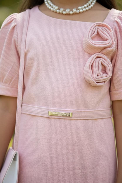 Peach One Piece Party Dress with Puff Sleeves | Elegant Premium Occasion Wear for Girls