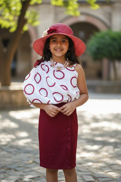 One Shoulder Printed One Piece Party Dress | Girls Elegant Burgundy Occasion Wear