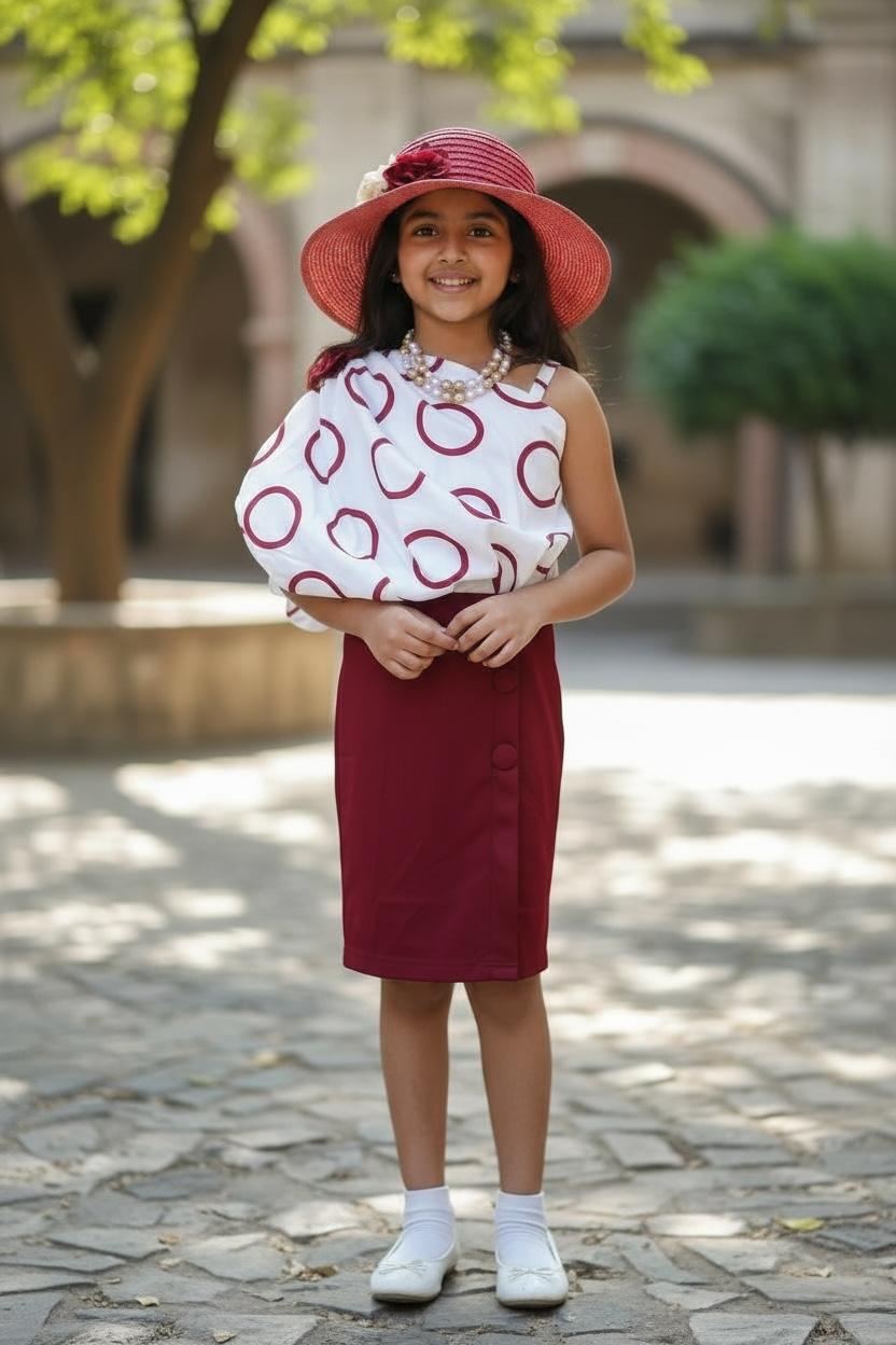 One Shoulder Printed One Piece Party Dress | Girls Elegant Burgundy Occasion Wear