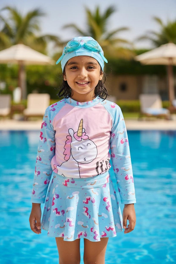 Unicorn Printed Multi Colour Swim Wear l Girls Swimwear with cap