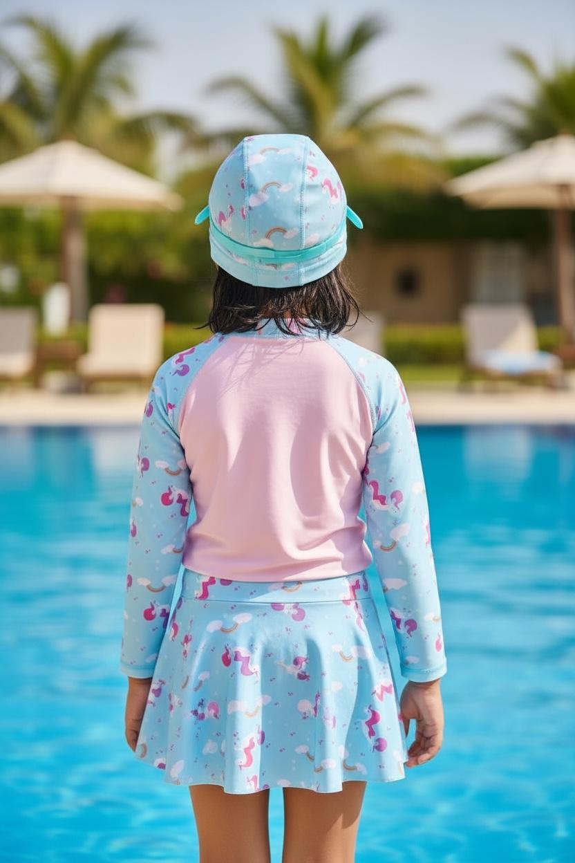 Unicorn Printed Multi Colour Swim Wear l Girls Swimwear with cap