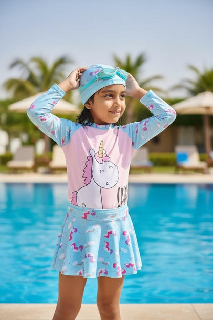 Unicorn Printed Multi Colour Swim Wear l Girls Swimwear with cap