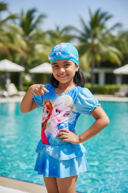 Princess Printed Blue Swimwear Dress | Kids Swimming Costume with Cap