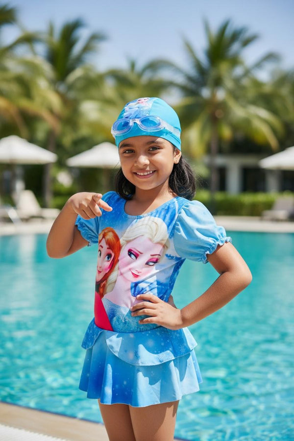 Princess Printed Blue Swimwear Dress | Kids Swimming Costume with Cap