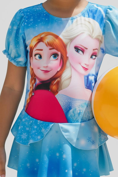 Princess Printed Blue Swimwear Dress | Kids Swimming Costume with Cap