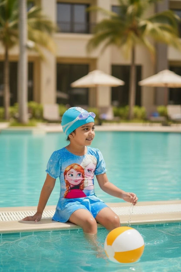 Princess Printed Blue Swimwear Dress | Kids Swimming Costume with Cap