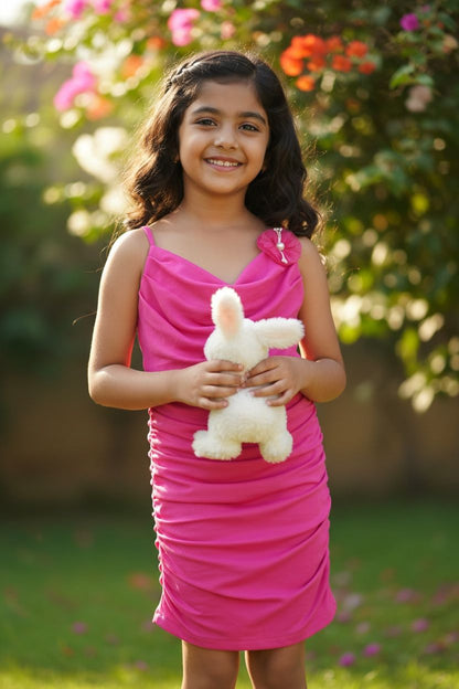 Pink Soft Mesh Cowl Neck Dress | Girls Pink Party Wear Dress