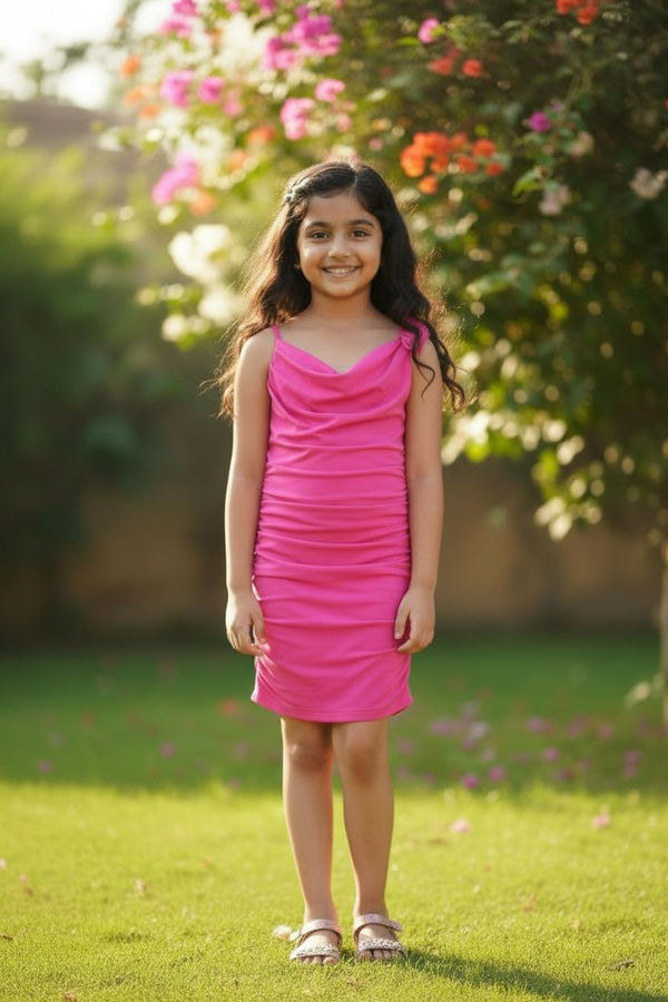 Pink Soft Mesh Cowl Neck Dress | Girls Pink Party Wear Dress