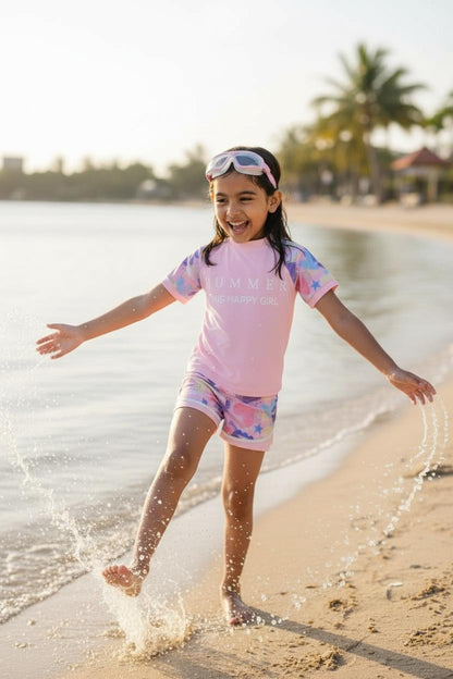 Mesh Swimwear Set | Girls Pink Swim Dress & Shorts
