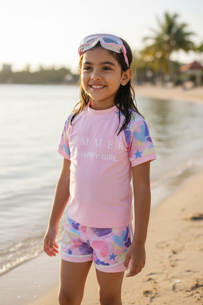 Mesh Swimwear Set | Girls Pink Swim Dress & Shorts