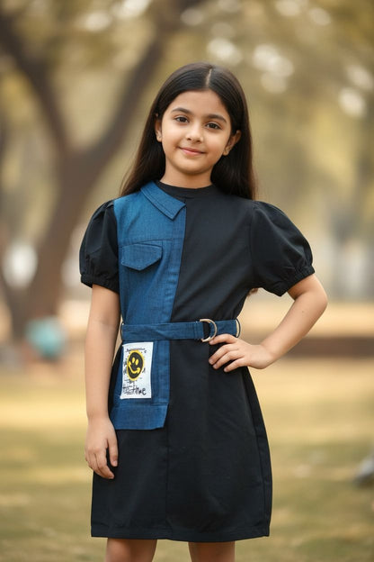 Black Denim-Knitted Frock With Belt | Stylish Girls Party & Casual Wear