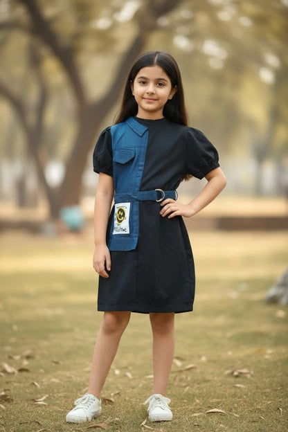 Black Denim-Knitted Frock With Belt | Stylish Girls Party & Casual Wear