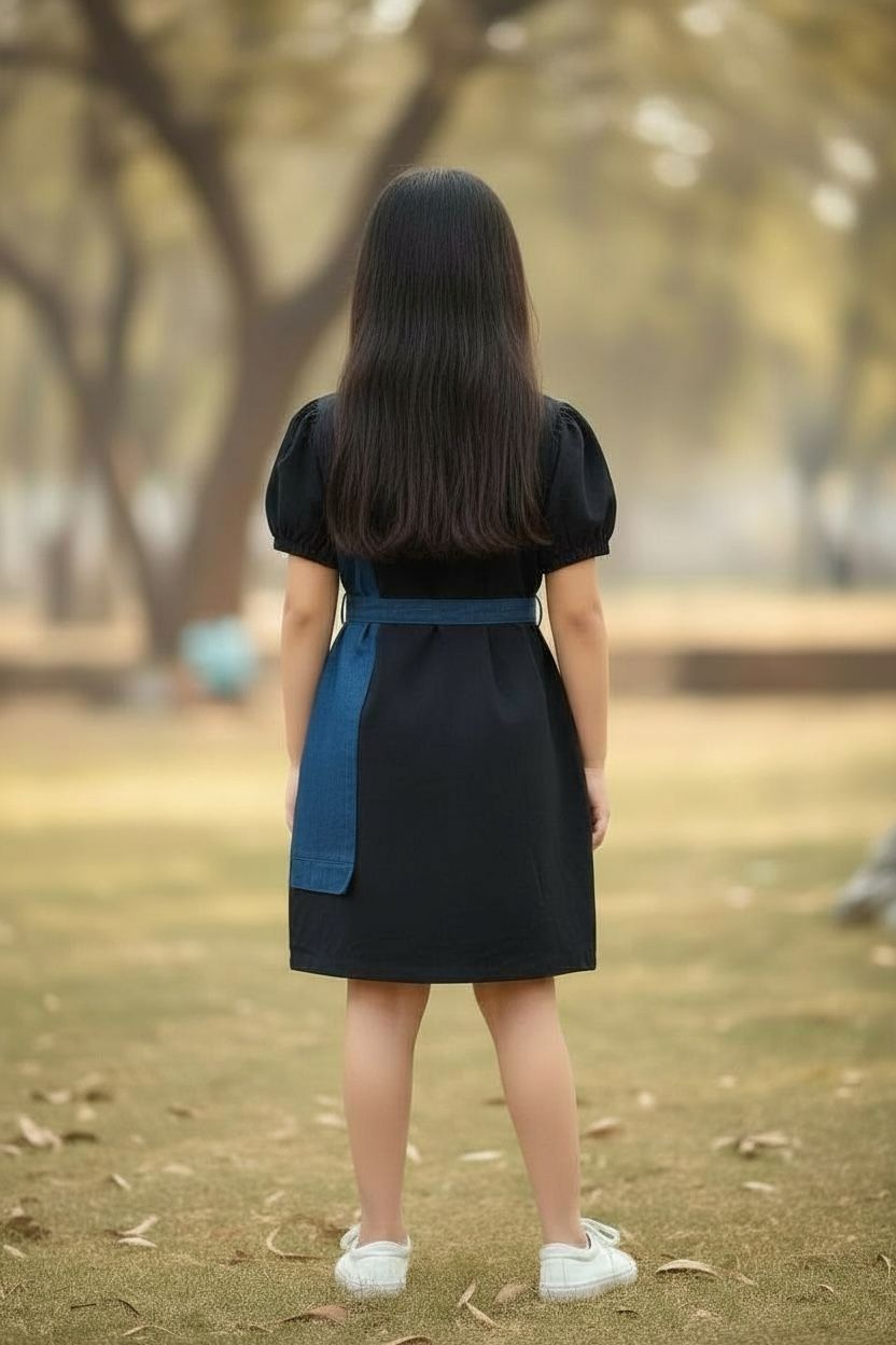 Black Denim-Knitted Frock With Belt | Stylish Girls Party & Casual Wear