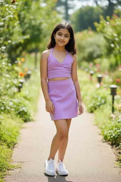 Lavender Party Co-Ord Set for Girls | Stylish Crop Top & Skirt Set | Premium Kids Wear