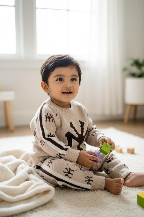 Beige & Brown Baby & Toddler Premium Knitted Co-Ord Set | Winter Warm Logo Sweater & Joggers | Soft Woolen Unisex Outfit